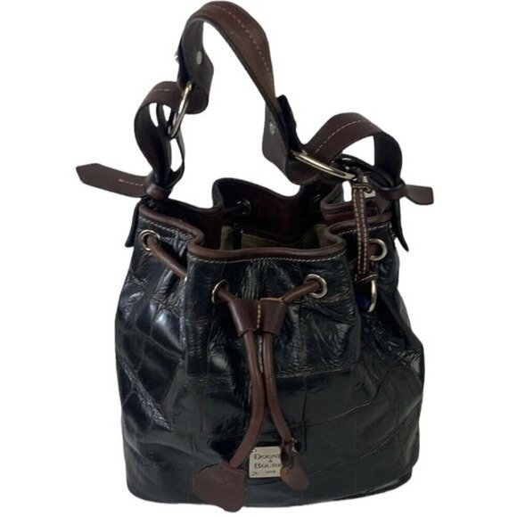 Dooney & Bourke Croc Embossed Leather Drawstring Shoulder Bag-Brown 10”W x 10”H - Picture 2 of 16